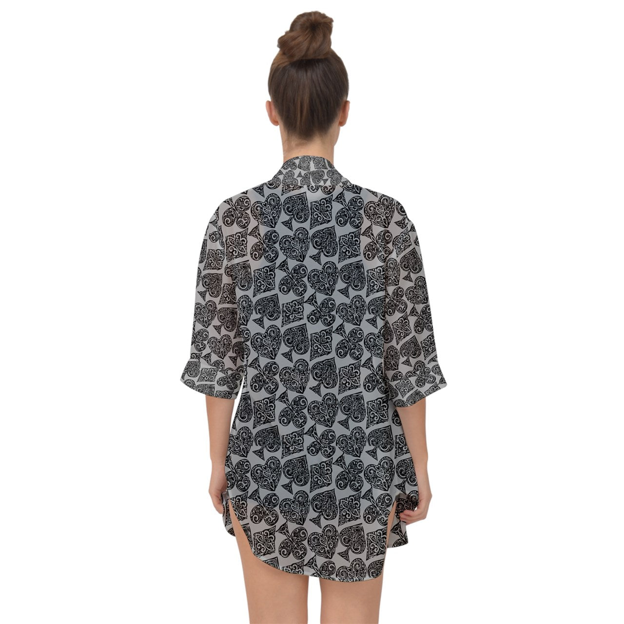 Playing Cards Gray Open Front Chiffon Kimono