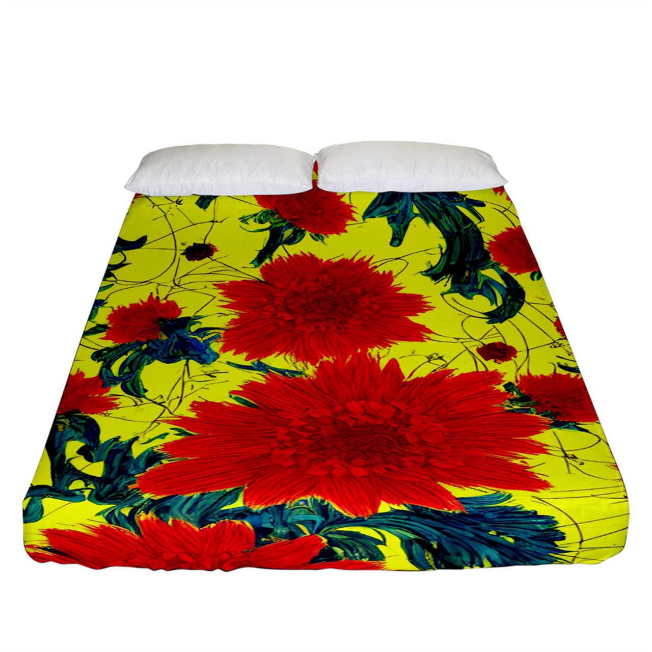 Red Flowers on Yellow Fitted Sheet (King Size) One Size