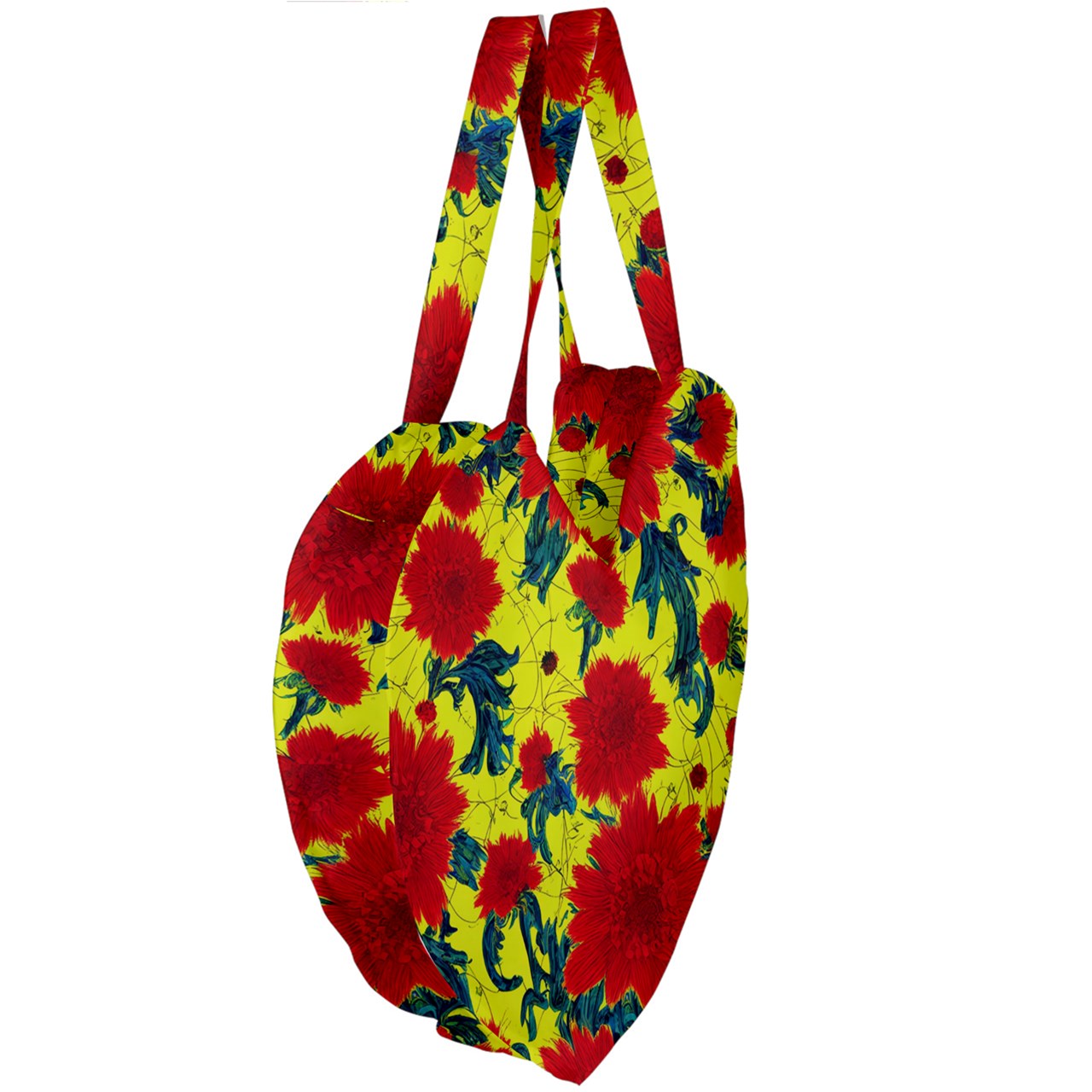 Red Flowers on Yellow Giant Heart Shaped Tote