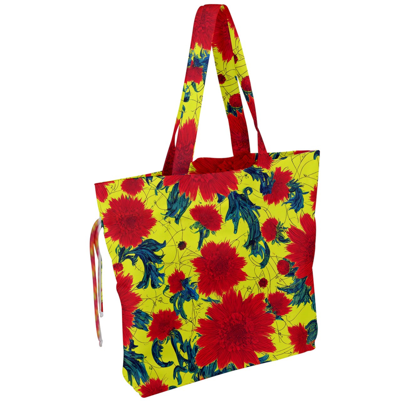 Red Flowers on Yellow Drawstring Tote Bag