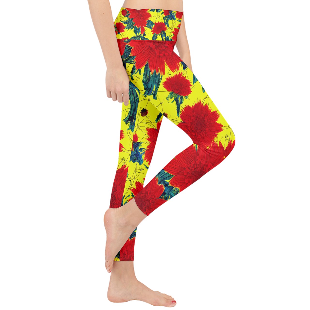 Red Flowers on Yellow Lightweight Velour Classic Yoga Leggings