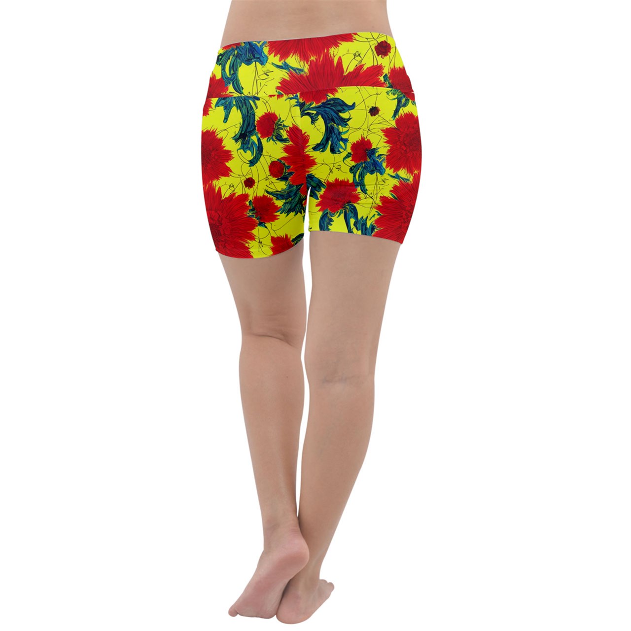 Red Flowers on Yellow Lightweight Velour Yoga Shorts