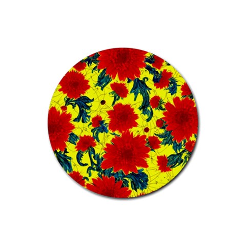 Red Flowers on Yellow Rubber Round Coaster (4 pack)