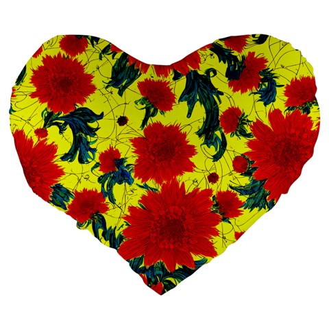 Red Flowers on Yellow Large 19" Premium Heart Shape Cushion