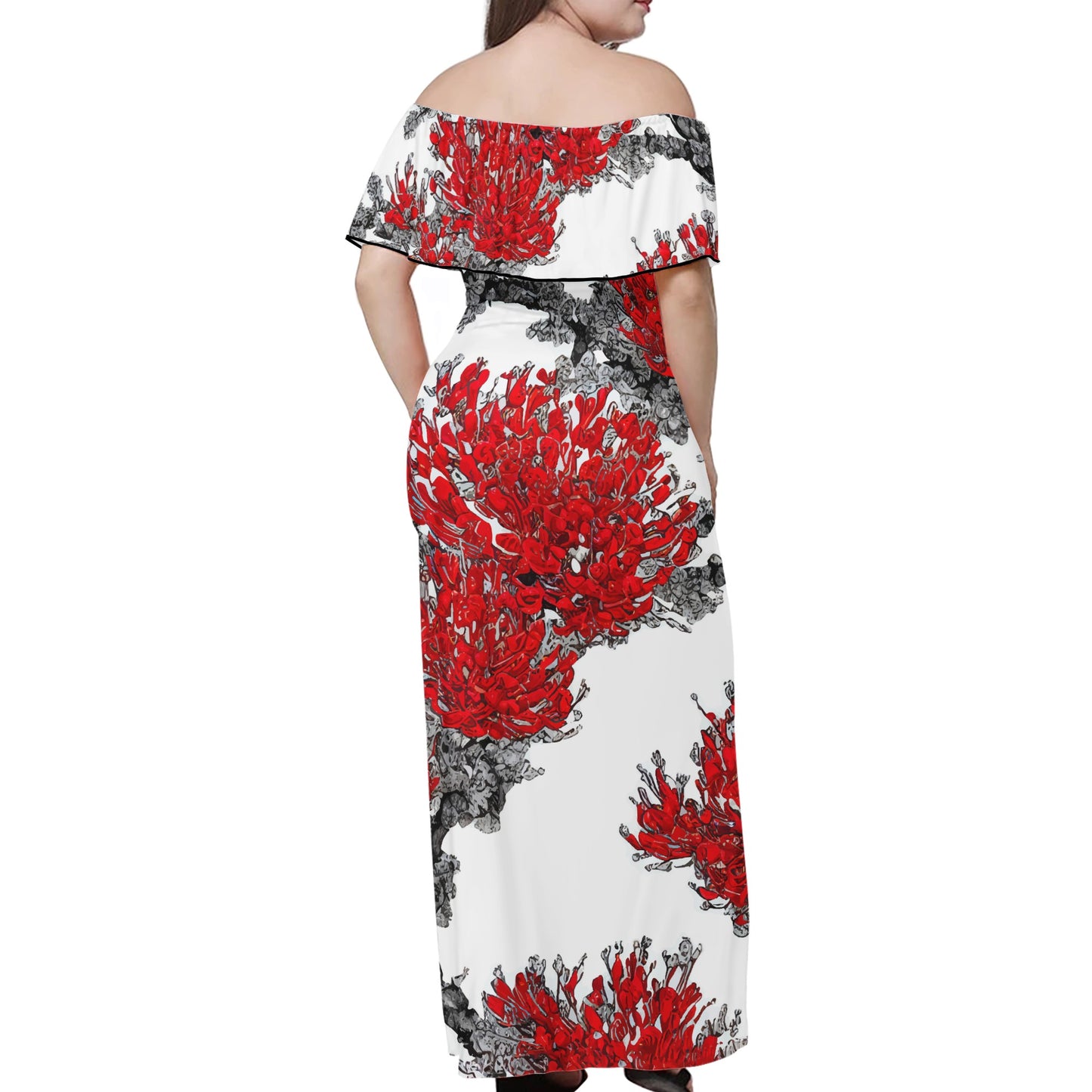 Red Puakenikeni Women Off shoulder Dress