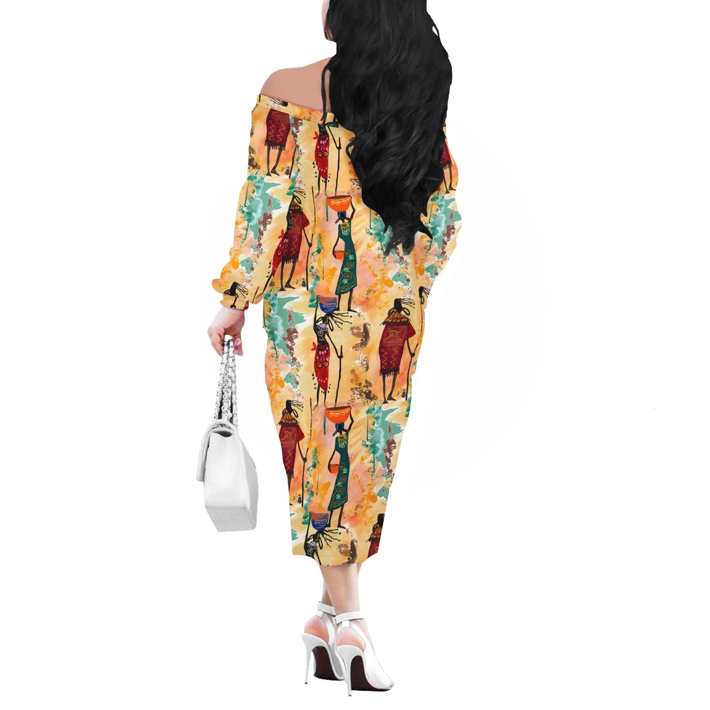 Tribal Women Long Sleeve Off Shoulder Midi Dress
