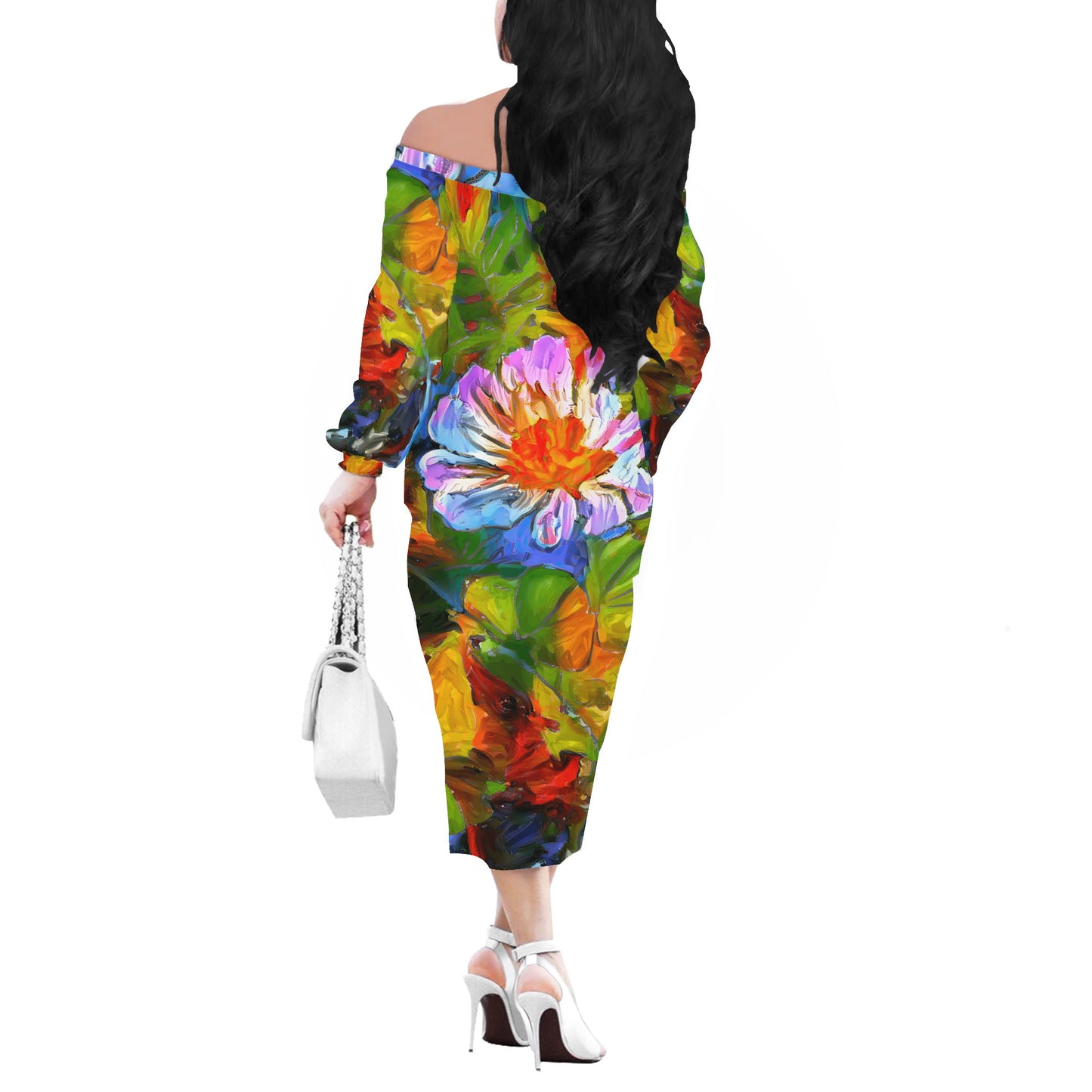 Petunia Flower Women Long Sleeve Off Shoulder Midi Dress