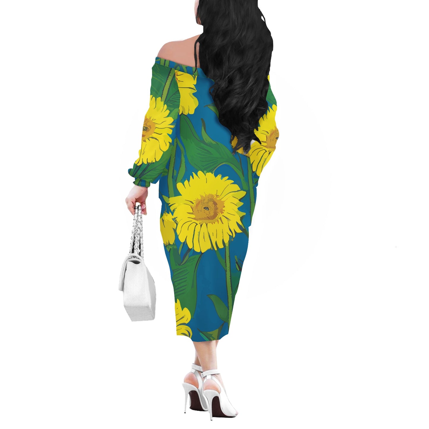 Elegant Sunflower Off-Shoulder Bodycon Midi Dress with Long Sleeves for Women