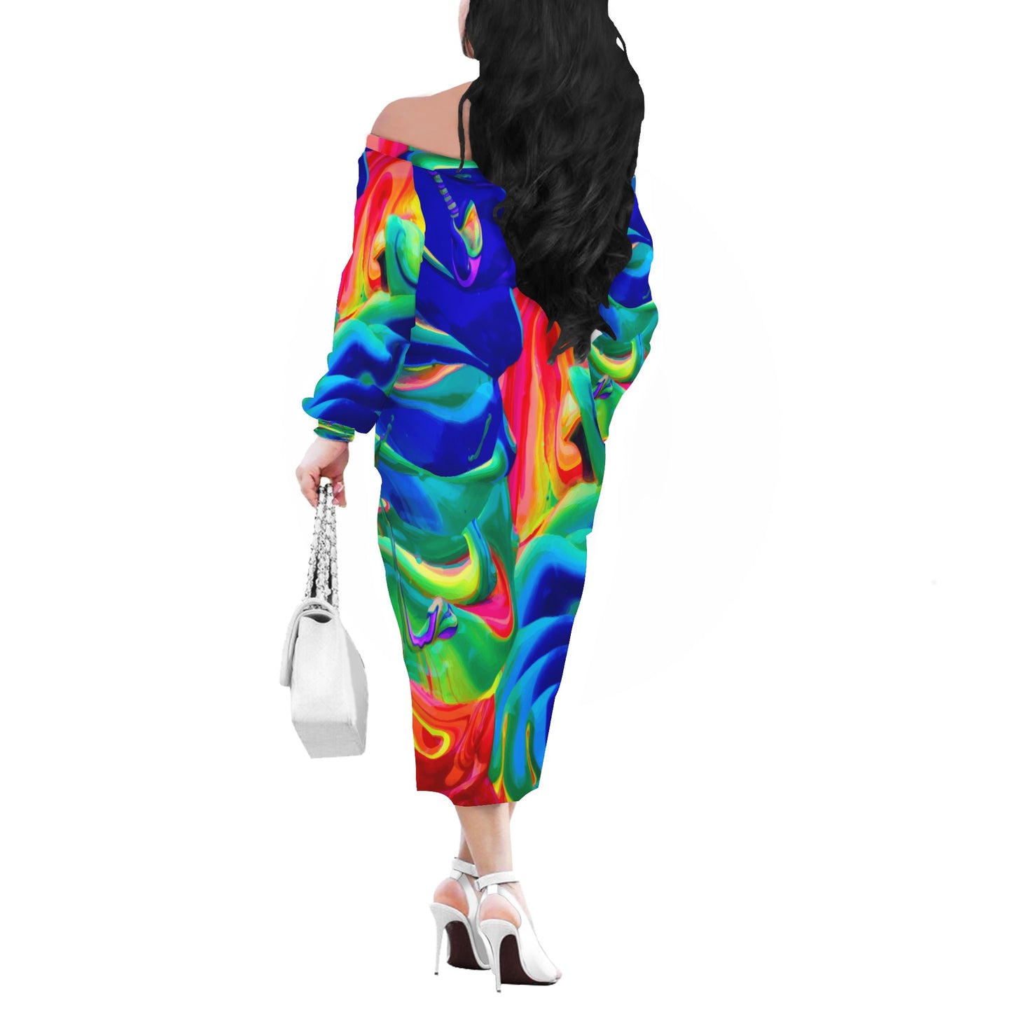 Rainbow Confusion Women Long Sleeve Off Shoulder Midi Dress