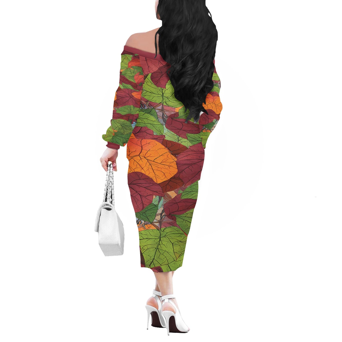 Autumn Leaves Women Long Sleeve Off Shoulder Midi Dress Sizes up to 4XL