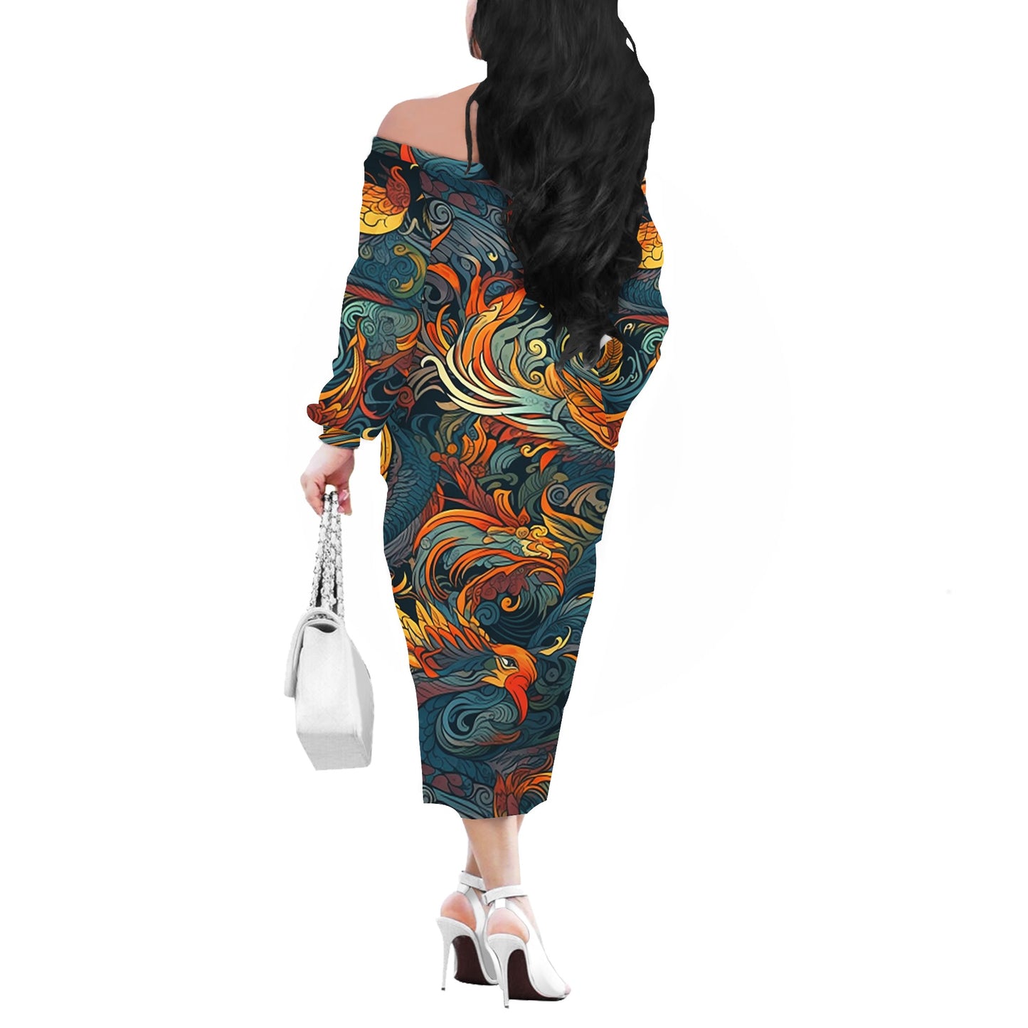 Majestic Dragon and a Graceful Phoenix Women Long Sleeve Off Shoulder Midi Dress