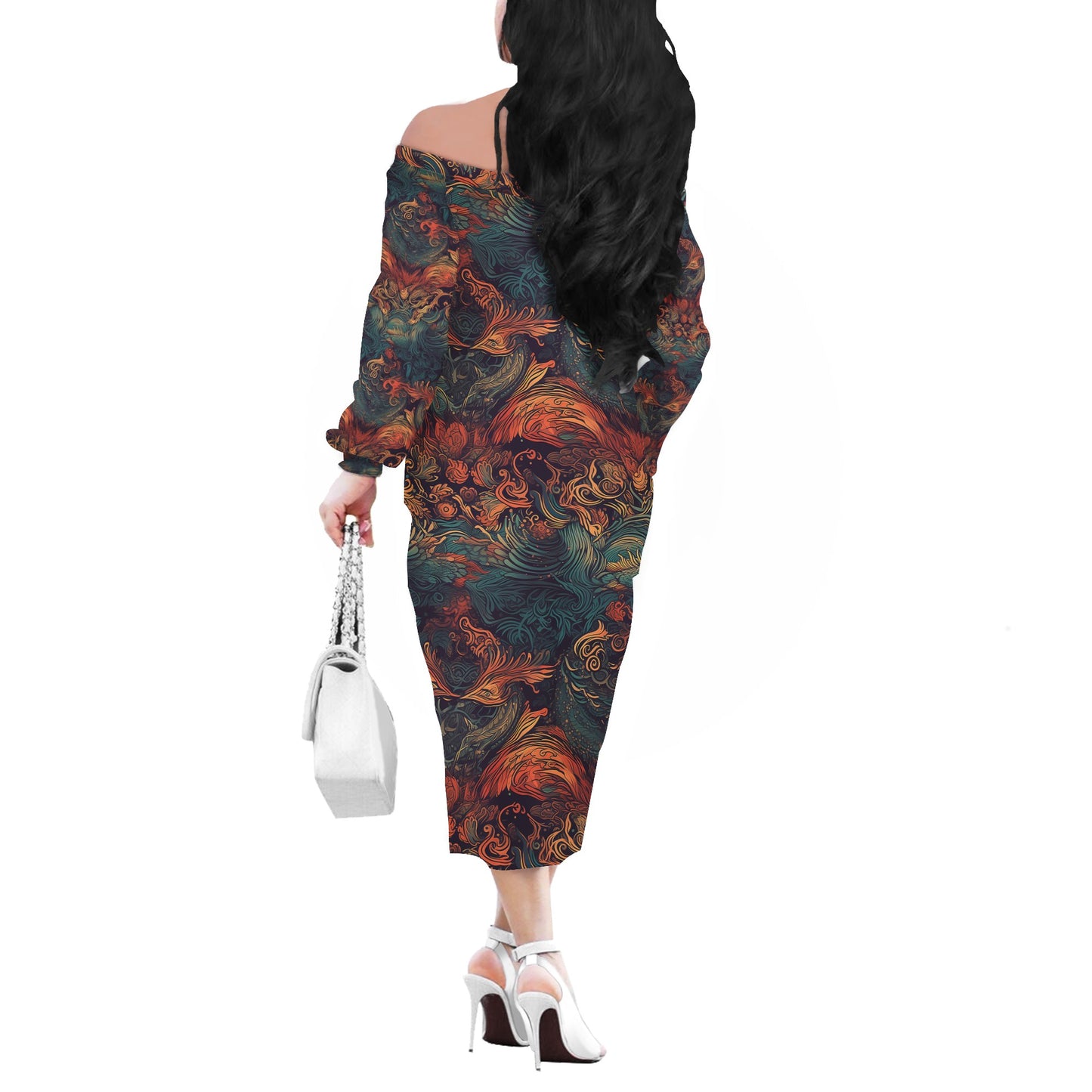 Majestic Dragon and Ethereal Phoenix Women's Long Sleeve Off-Shoulder Dress - Symbolic Elegance, Perfect for Special Occasions
