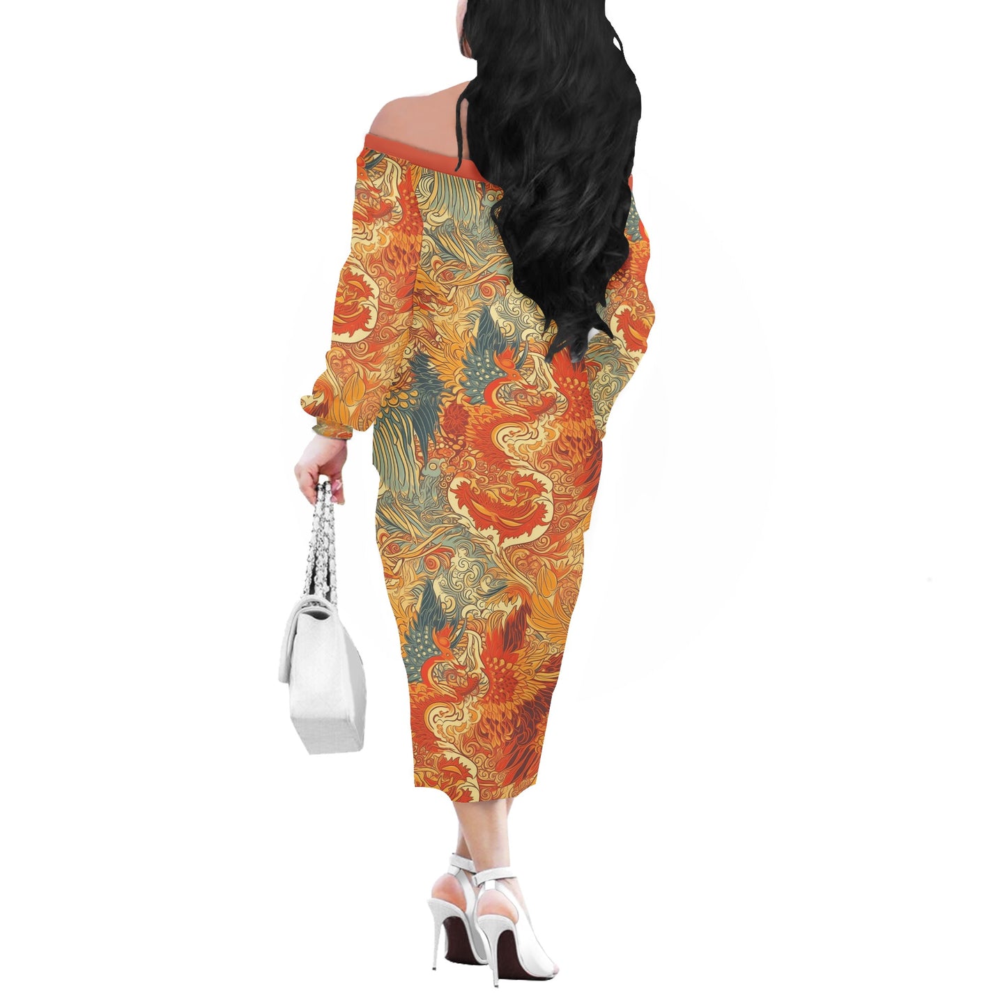 Experience the magic of ancient Chinese mythology with our exquisite Dragon and Phoenix Women Long Sleeve Off-shoulder Dress