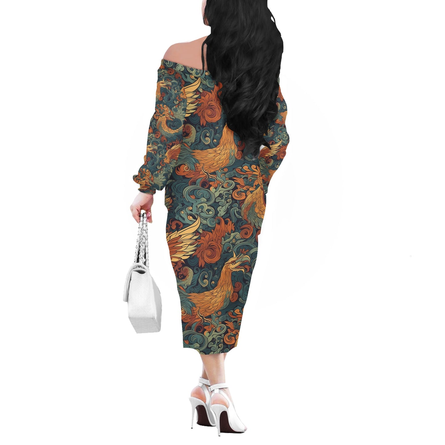 The Dragon and Phoenix are a harmonious duo, representing a balance of power and grace. Women Long Sleeve Off-shoulder Dress