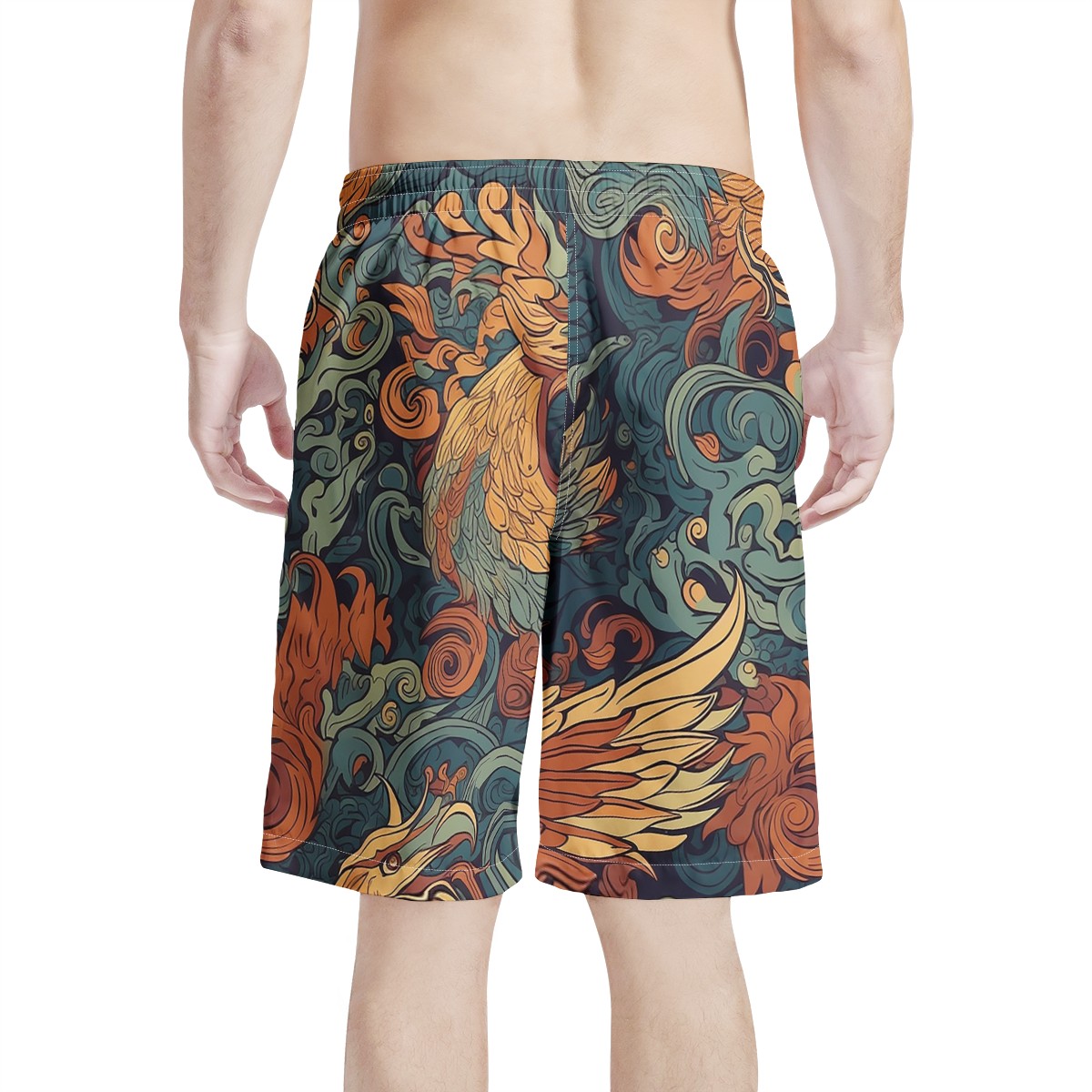 The Dragon and Phoenix are a harmonious duo, representing a balance of power and grace. Men's All Over Print Board Shorts