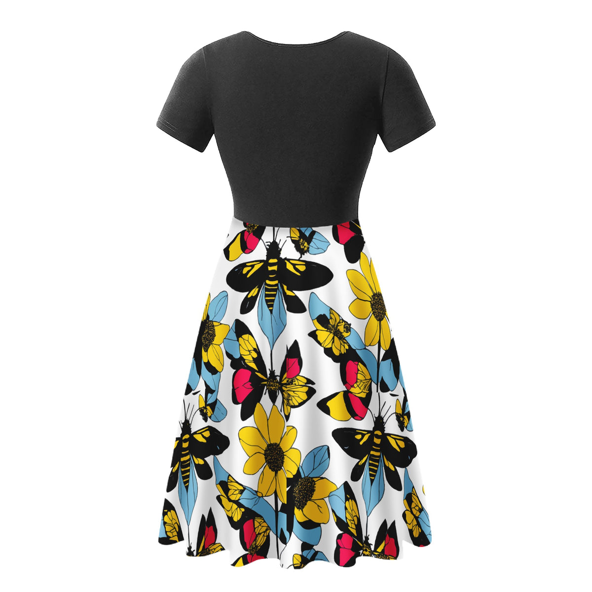 Luxtrini Bees and Sunflowers Black V-Neck Ruffle Bottom Dress