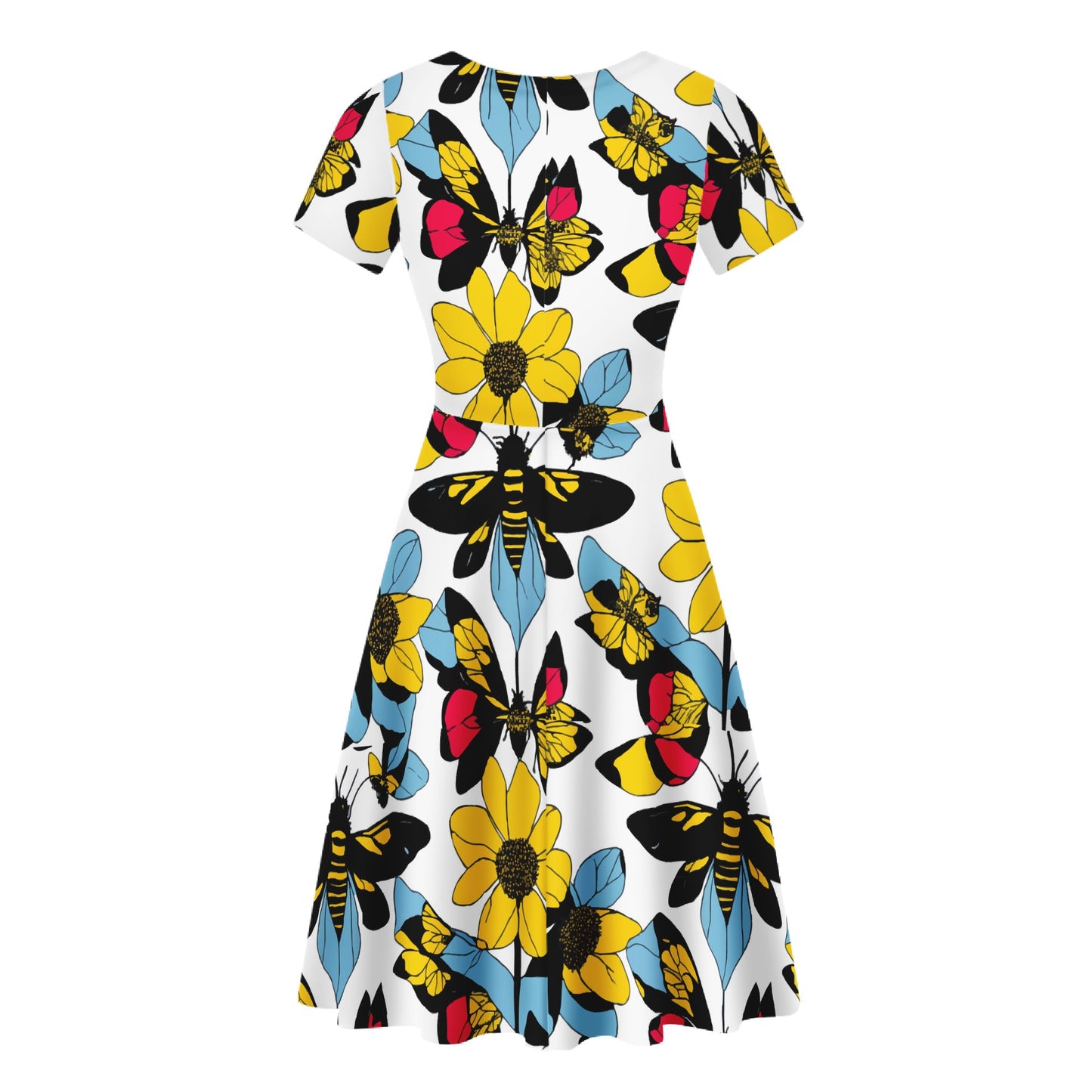 Bees and Sunflowers Women V-Neck Women Ruffle Bottom Dress - Perfect for Nature-Lovers