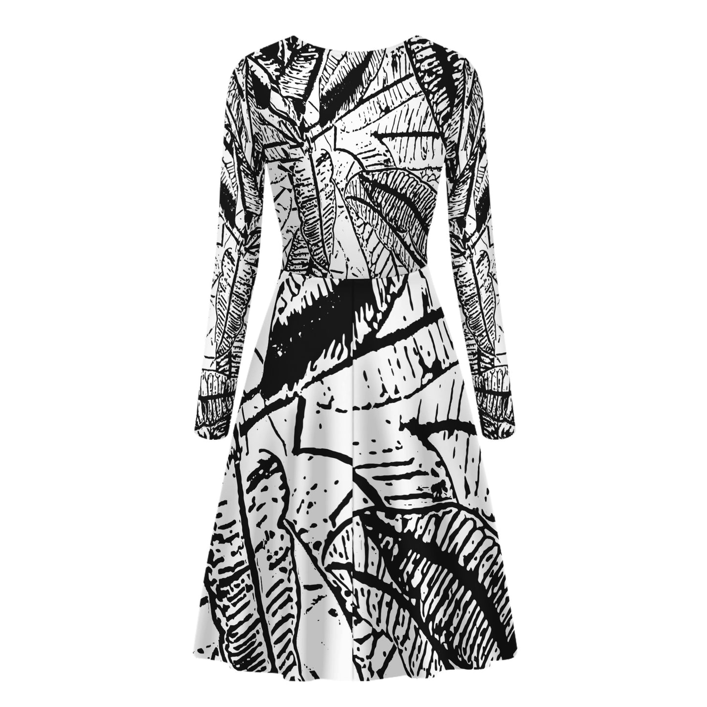 Black and White Croton Women Scoop Neck Long Sleeve Ruffle Dress