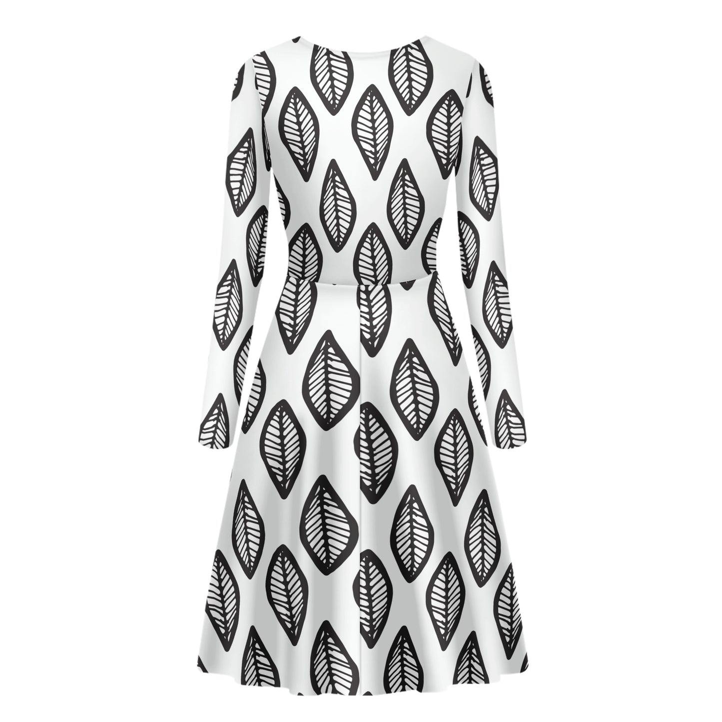 African Mudcloth #16 Black and White Women Long Sleeve Scoop Neck Ruffle Dress - Women's Custom Dress