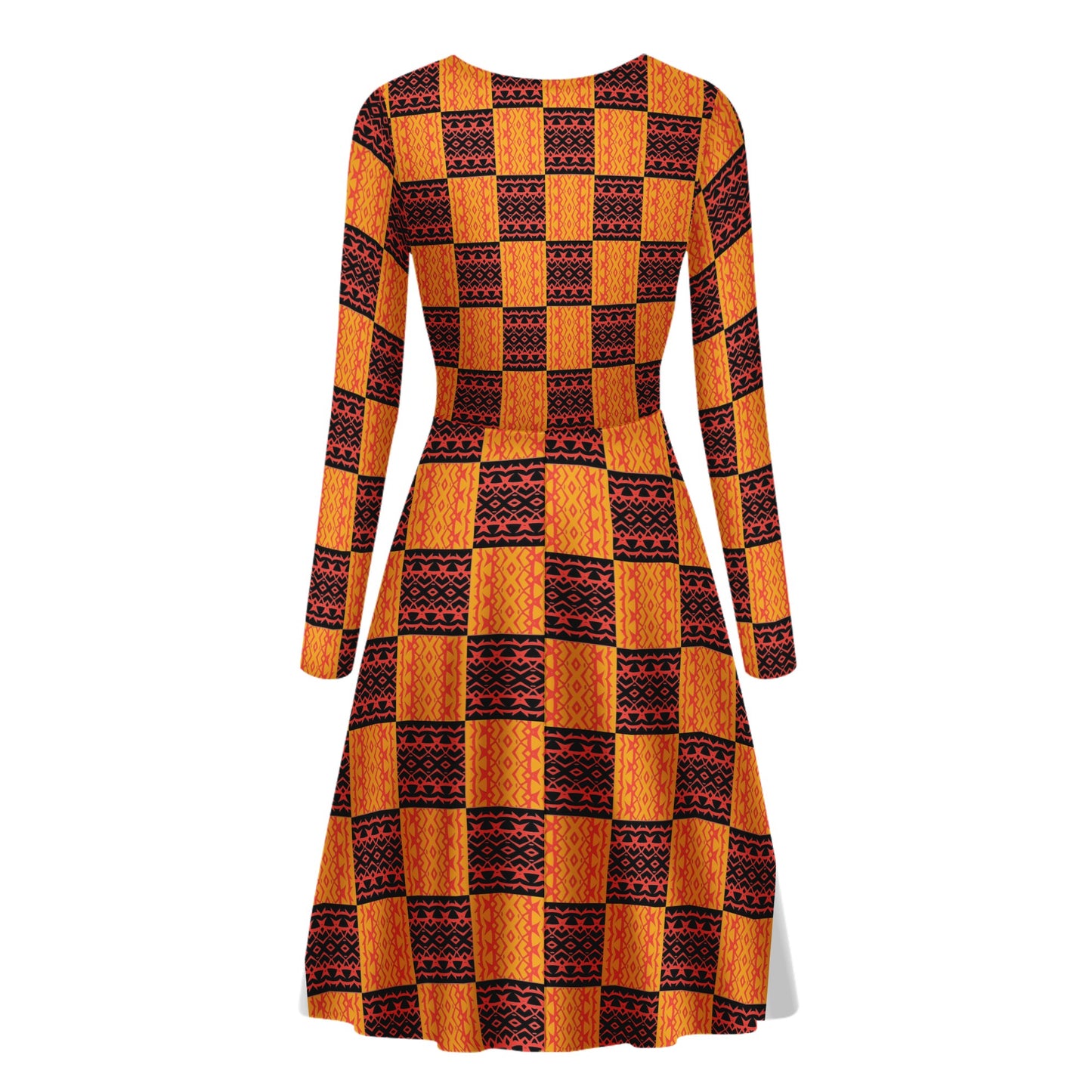 Black Orange Tribal Long Sleeve Women's Ruffle Dress