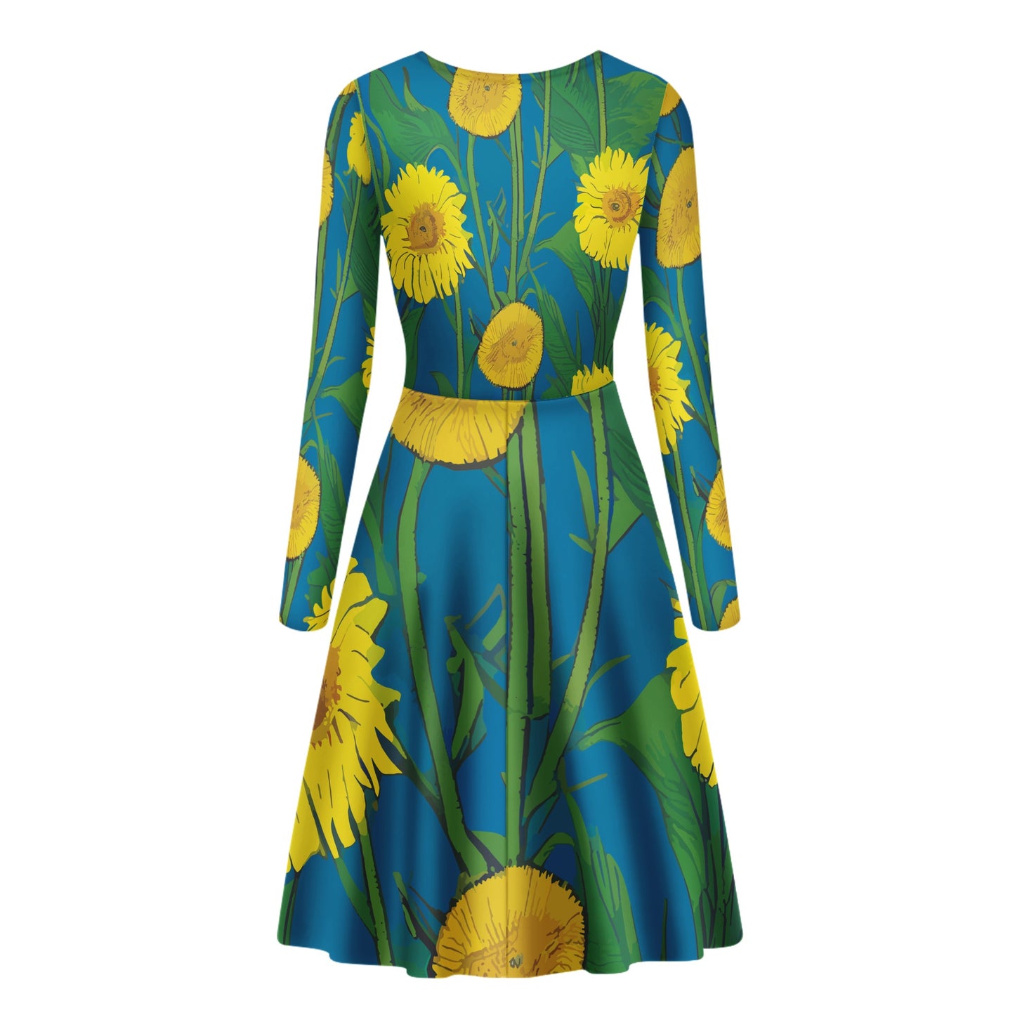 Nature-Inspired Sunflower Pattern Long Sleeve Ruffle Dress - Handmade Custom Fashion by Luxtrini