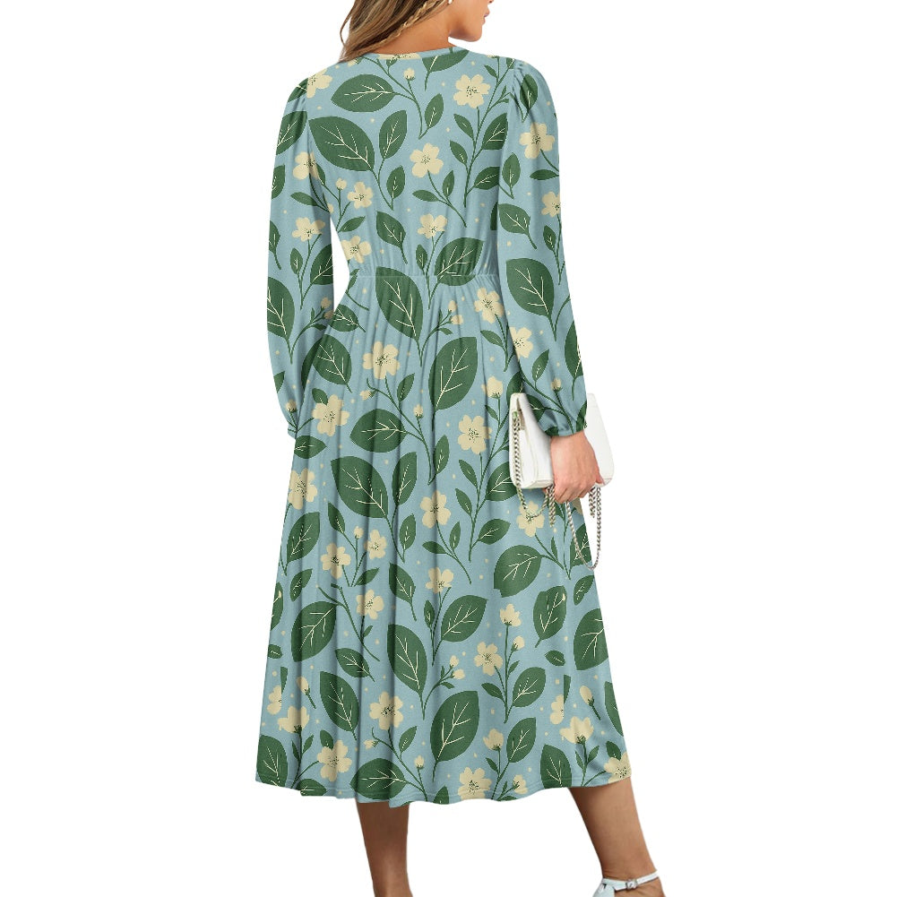 Garden Bloom Tie Waist Midi Dress – Eco-Friendly V-Neck Long Sleeve Floral Dress | Luxtrini Handmade
