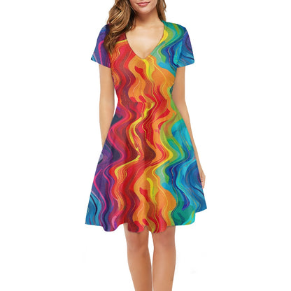Women V-Neck Short Sleeve Ruffle Dress