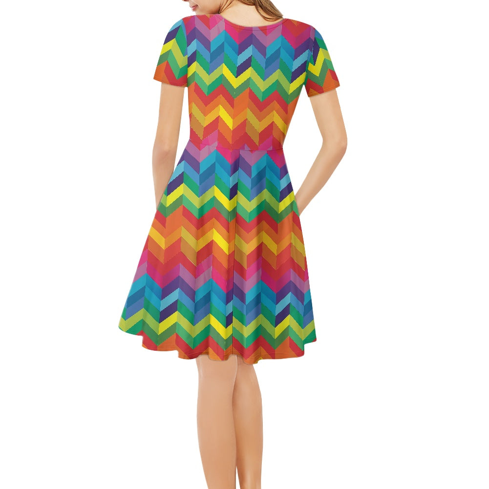 Rainbow Chevron Women V-Neck Short Sleeve Ruffle Dress
