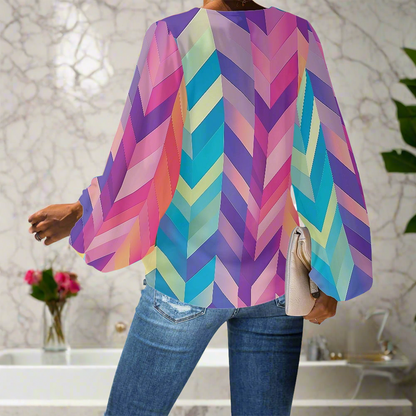 V-Neck Chiffon Puff Sleeve Blouse with Geometric Rainbow Patterns – Bold and Stylish by Luxtrini