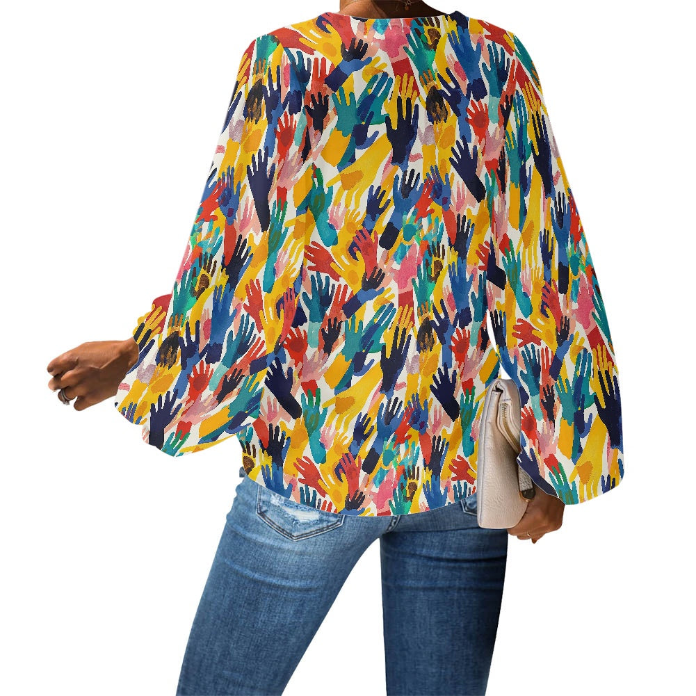 V-Neck Chiffon Puff Sleeve Blouse by Luxtrini