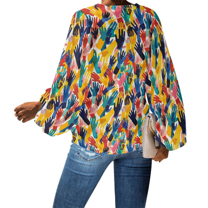 V-Neck Chiffon Puff Sleeve Blouse by Luxtrini
