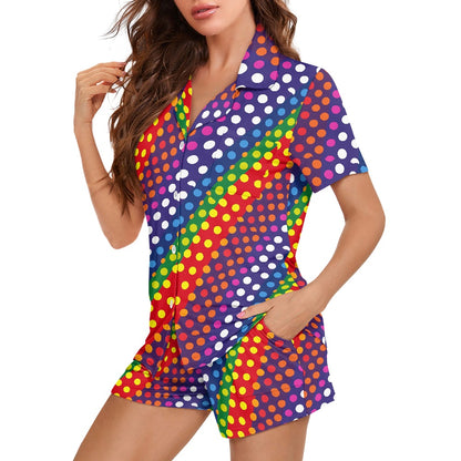 Women’s Short Sleeve Pajama Set – Rainbow Polka Dot Print with Pockets