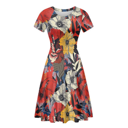 Women Scoop Neck Short Sleeve Ruffle Dress white