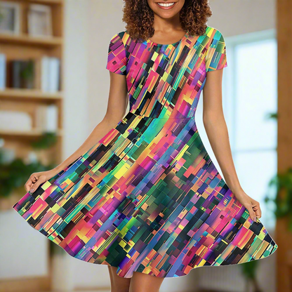 Rainbow Glitch Women Scoop Neck Short Sleeve Ruffle Dress