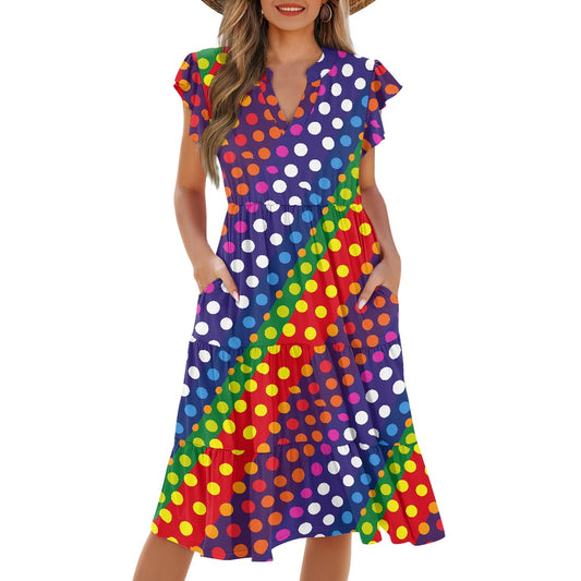 Women's V-neck pocket waist patchwork dress white