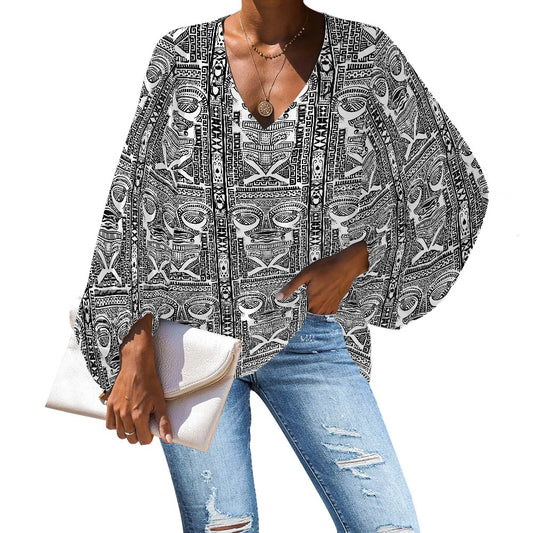 V-Neck Chiffon Puff Sleeve Blouse by Luxtrini 4XL