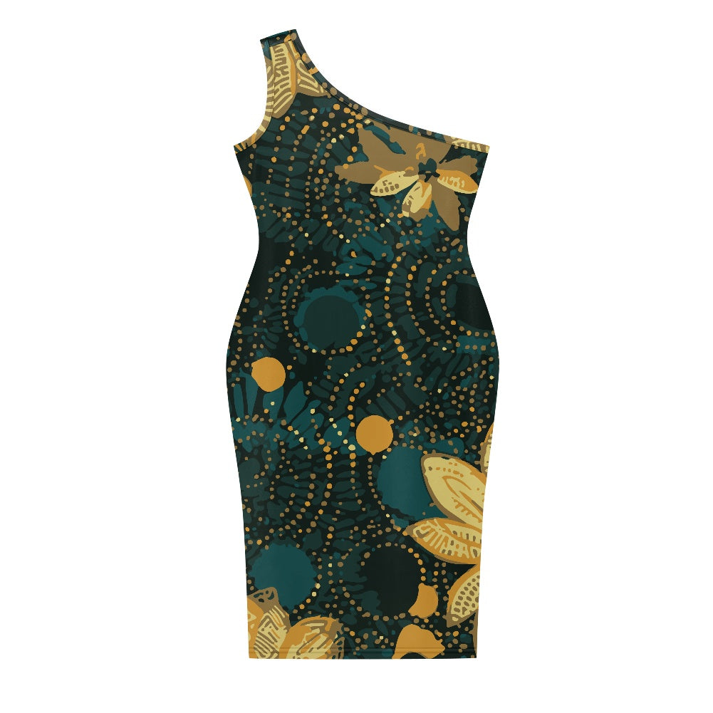 Discover Elegance: Luxtrini's One-Shoulder Slim Dress - Green & Gold white