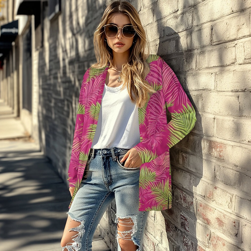Tropical Palm Leaf Cardigan – Lightweight Stretch Knit Open Front Jacket for Women | Eco-Friendly Resortwear Layer