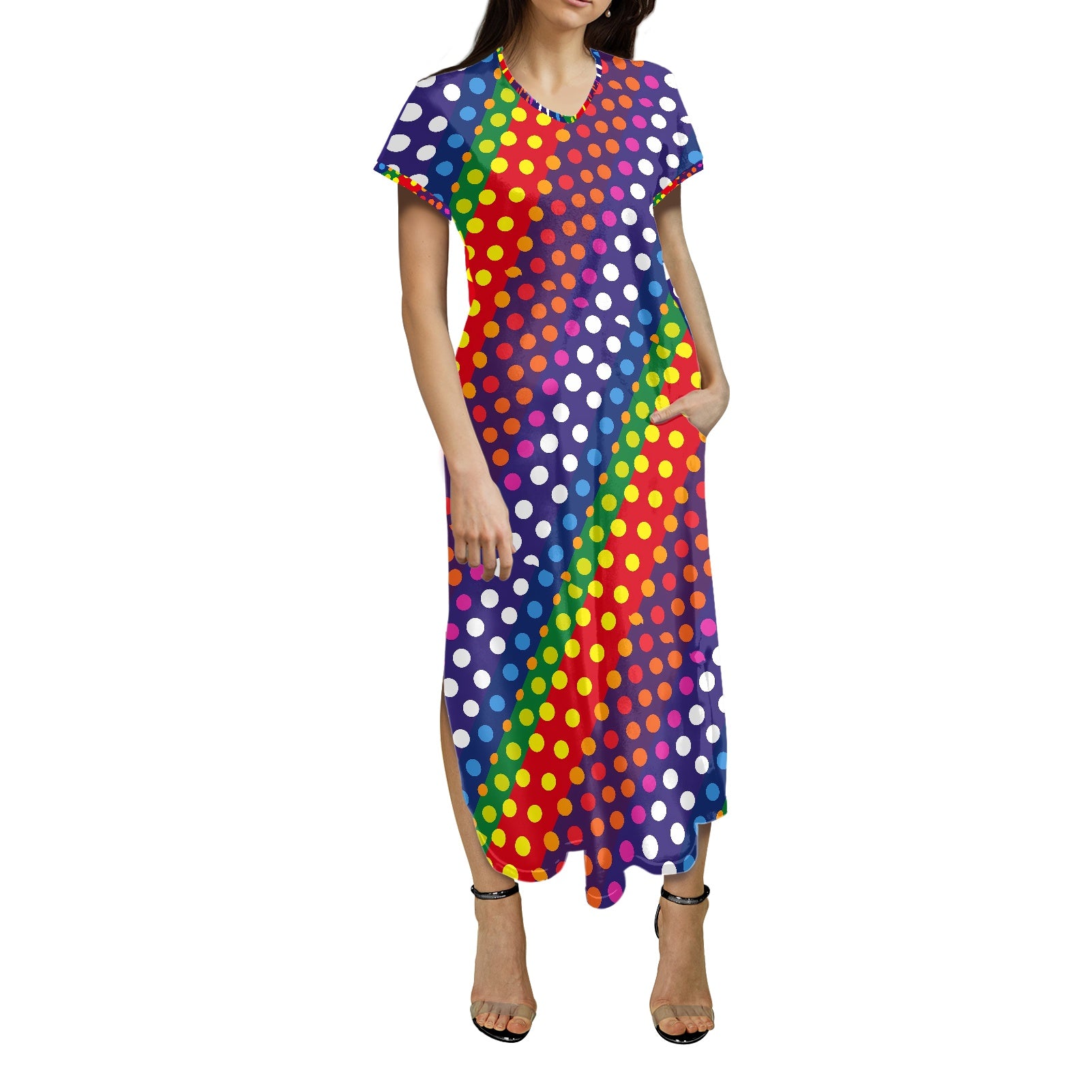 LGBTQ-Friendly Rainbow Polka Dot Short-Sleeved Slit Dress by Luxtrini white