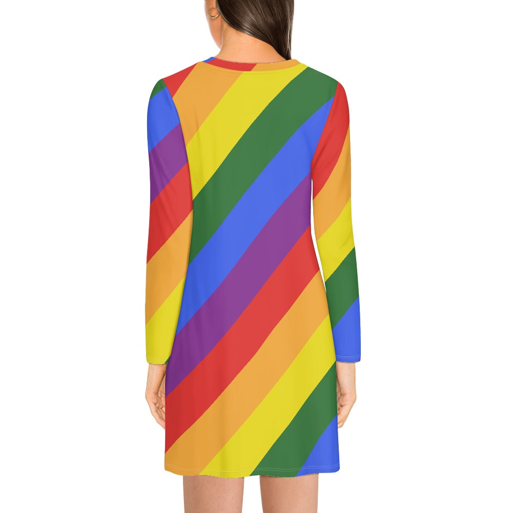 Rainbow Pride Long Sleeve Dress | Women's Colorful Striped Mini Dress with Round Neckline | Casual to Formal Wear | High-Resolution Pride Flag Inspired Fashion