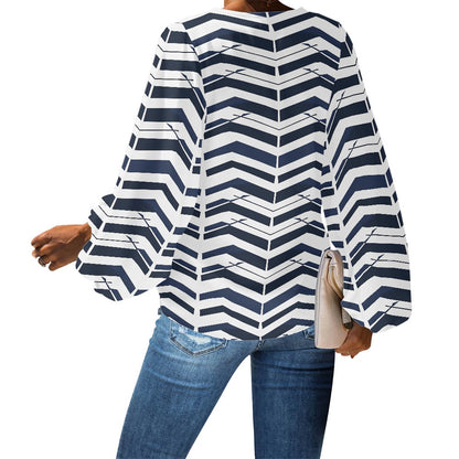 Black and White ZigZag V-Neck Chiffon Puff Sleeve Blouse by Luxtrini