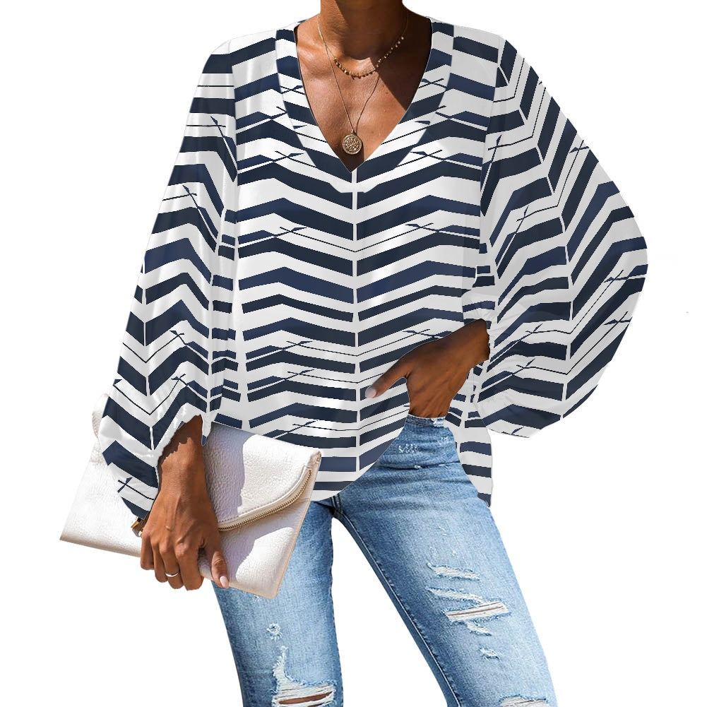 Black and White ZigZag V-Neck Chiffon Puff Sleeve Blouse by Luxtrini 4XL
