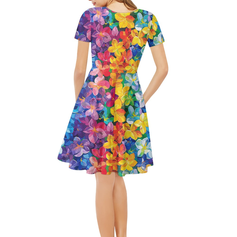 Rainbow Flowers Women V-Neck Short Sleeve Ruffle Dress