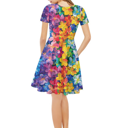 Rainbow Flowers Women V-Neck Short Sleeve Ruffle Dress