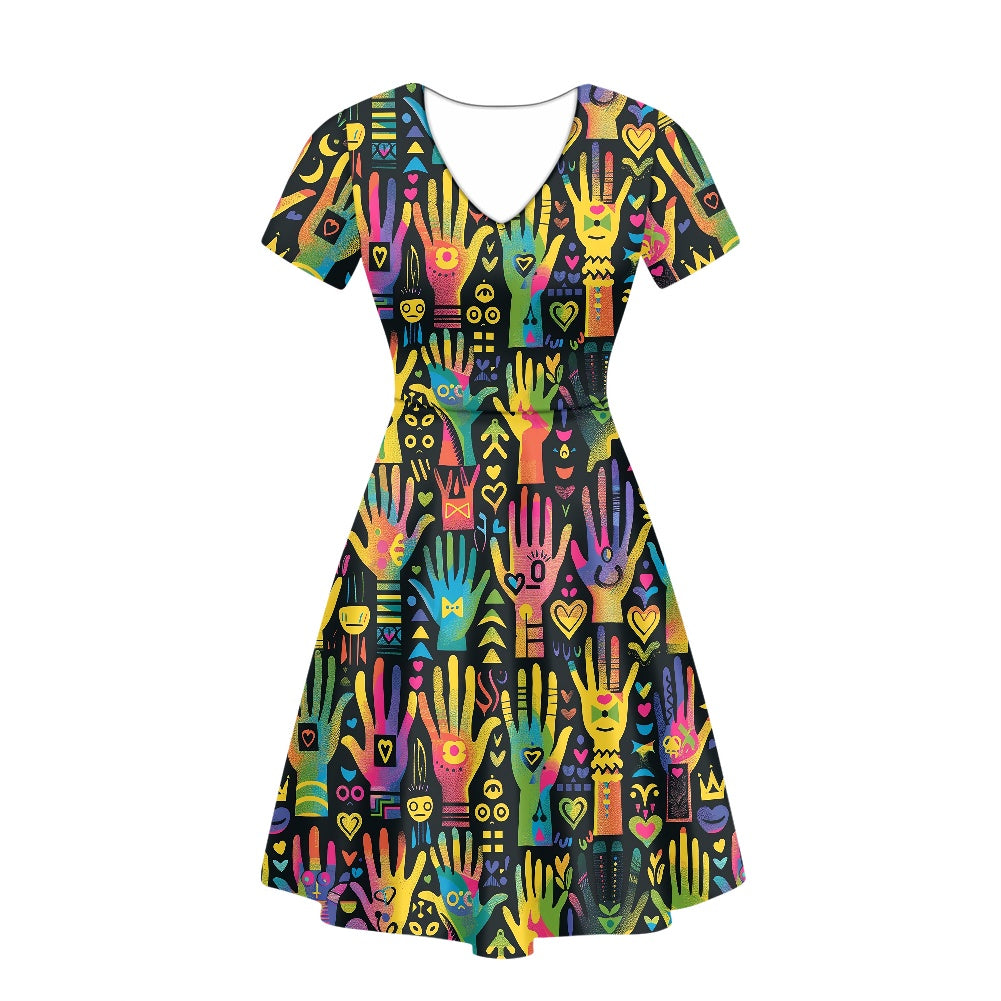 Women V-Neck Short Sleeve Ruffle Dress white