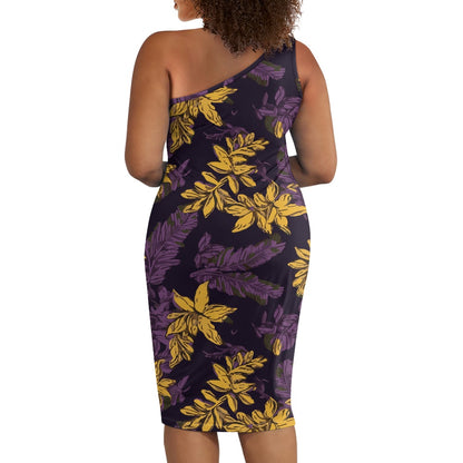 Discover Elegance: Luxtrini's One-Shoulder Slim Dress - Tropical Purple & Gold