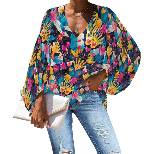V-Neck Chiffon Puff Sleeve Blouse by Luxtrini 4XL