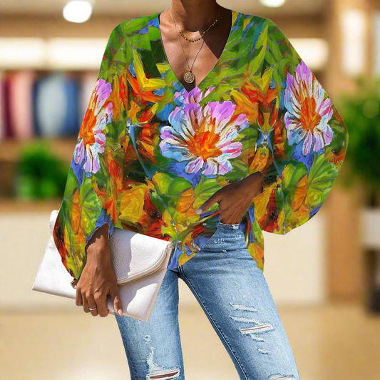 Petunias V-Neck Chiffon Puff Sleeve Blouse by Luxtrini