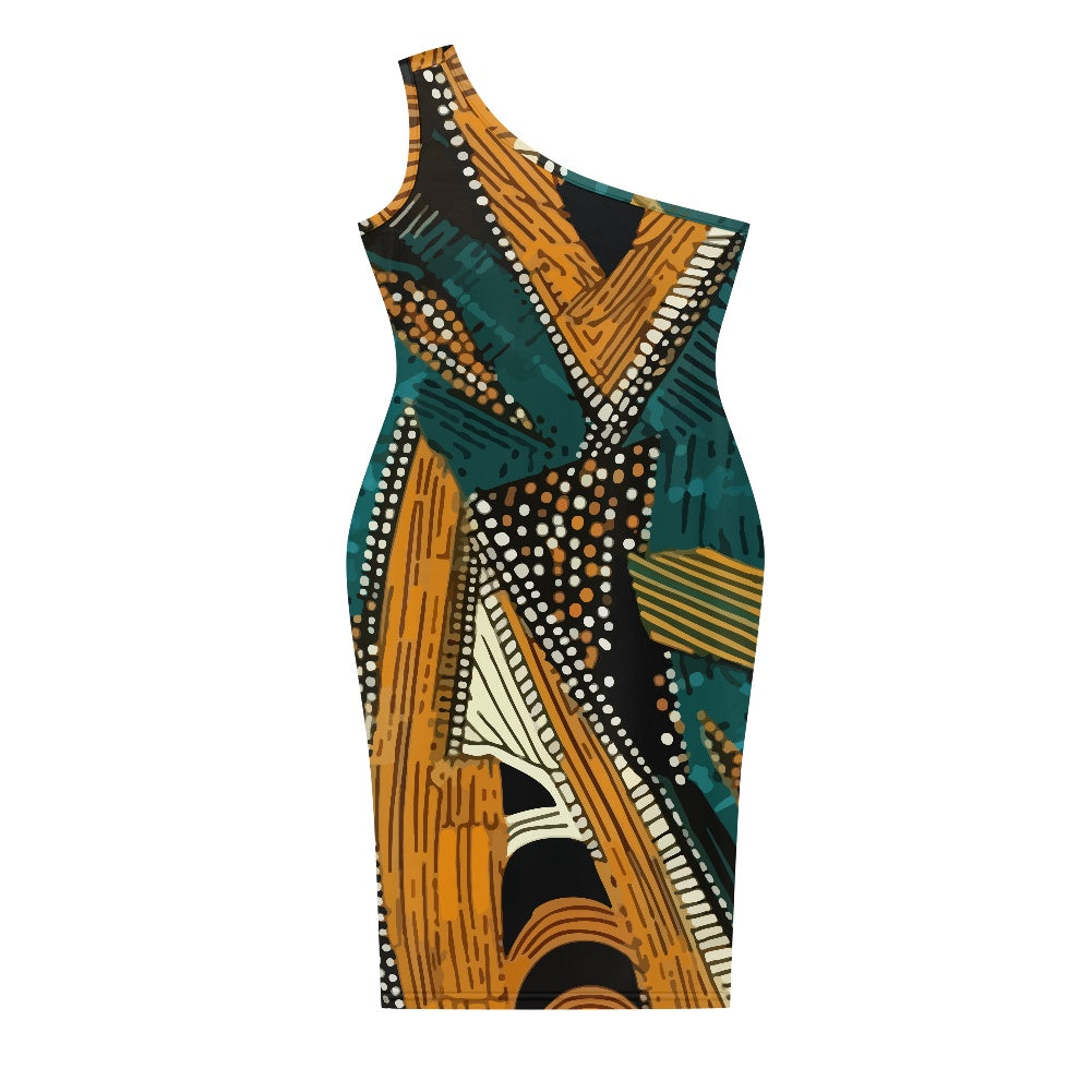 Discover Elegance: Luxtrini's One-Shoulder Slim Dress - Ethnic Green & Orange white