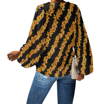 V-Neck Chiffon Puff Sleeve Blouse with Hawaiian Lei Pattern – Tropical and Stylish by Luxtrini